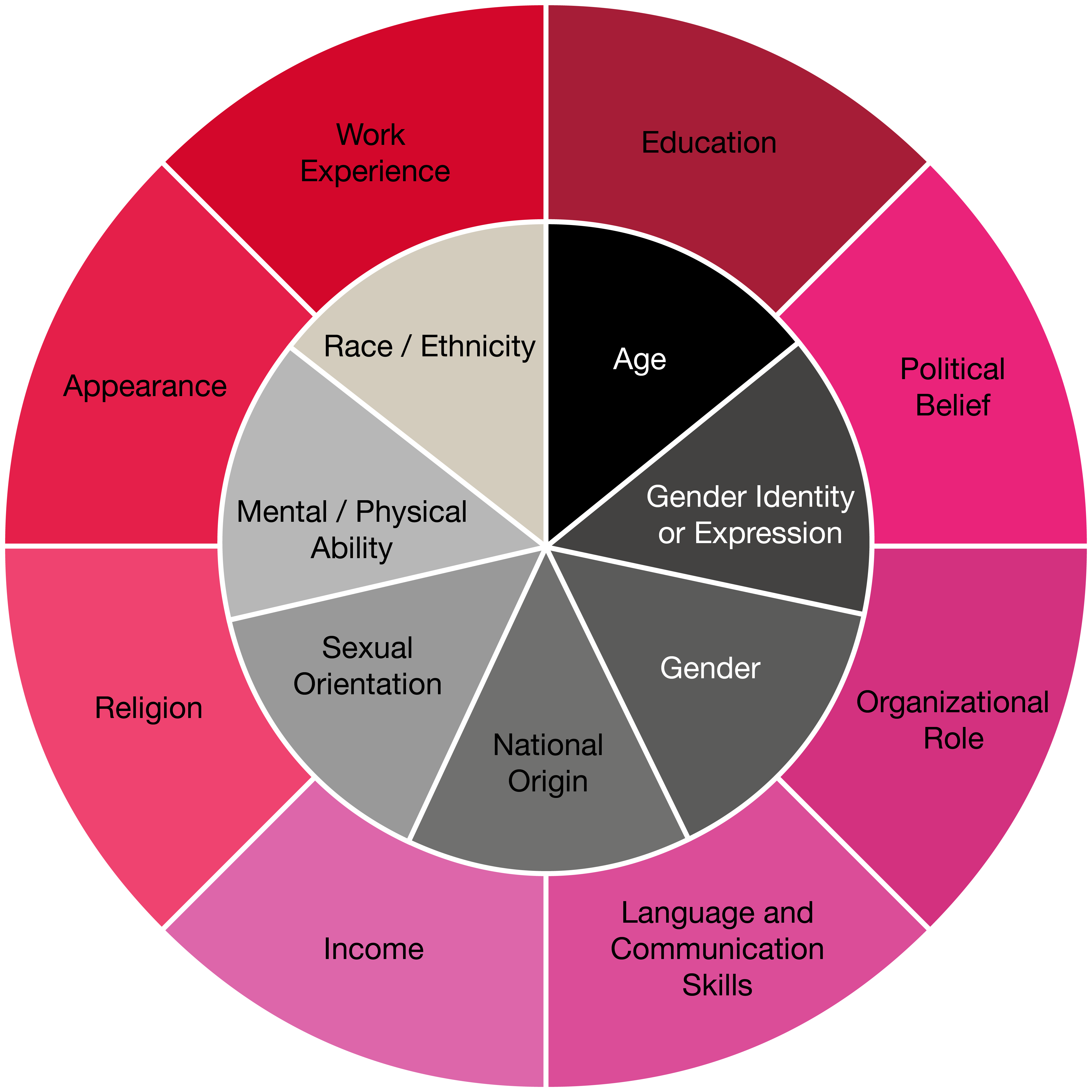 The Diversity Wheel focuses on specific aspects of race, ethnicity, age, gender, sexual orientation/gender identity, creed, national origin, mental/physical ability, socioeconomic status, work experience, education, political belief, organizational role, language/communication skills, and appearance.